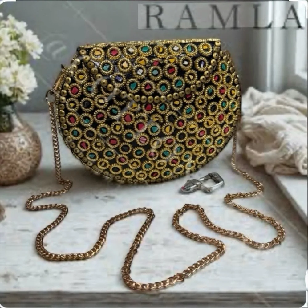 New Ramla Atom Multicolored Mosaic Handmade Crossbody Clutch Bag w/ Chain